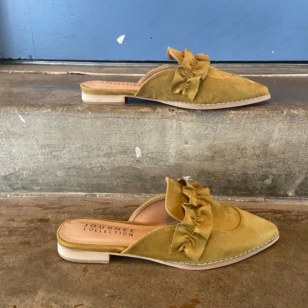 Journee Collection Olive Green Ruffle Suede Pointed Mule Loafers - Picture 2 of 6